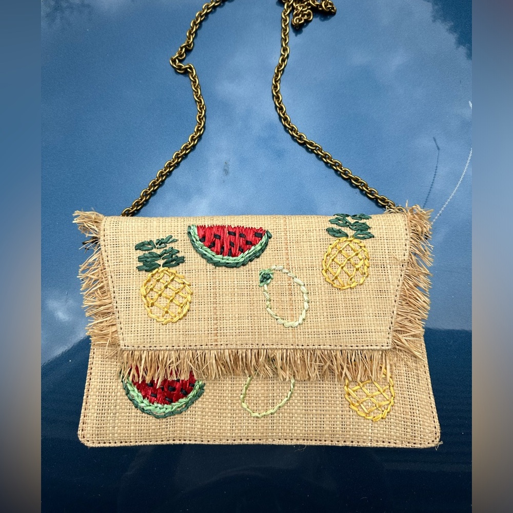 J. Crew Straw Crossbody Bag with Fruit Embroidery and Gold Chain